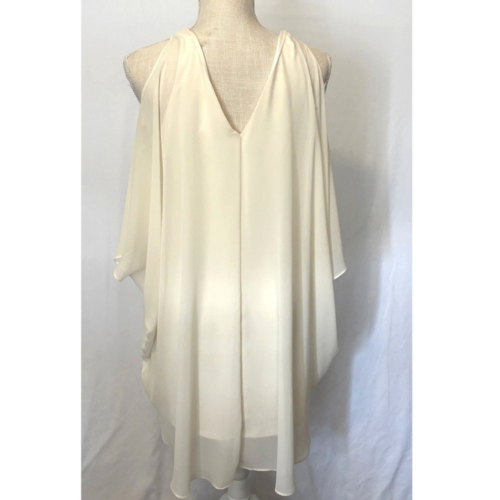 Halston Slowly Cold Shoulder Mini Size 4 Dress Ivory Flowy Overlay Shift Dress - Picture 4 of 12